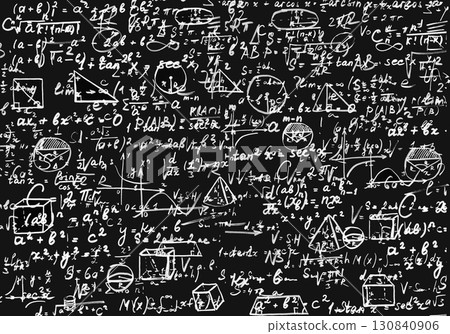 Complex Physics and Math Formulas on Black Blackboard 130840906