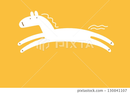 手繪可愛奔跑的白馬新年賀卡插圖2026黃色新年材料 130841107