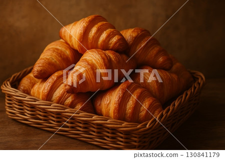 Fresh croissants stacked in wicker basket, warm and golden brown, with soft lighting and rustic background. 130841179