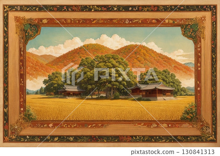 Autumn scenery of autumn leaves and old houses Classic picture frame design template Autumn scenery of autumn leaves and old houses Classic picture frame design template 130841313