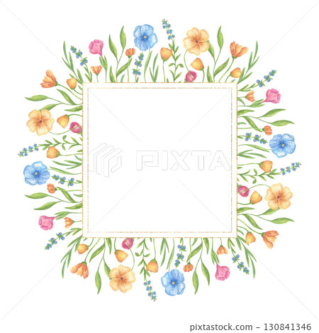 Watercolor Flower frame. Square template with hand-painted greenery, wildflowers, herbs. Banner with a floral composition and space for text. Design of postcards, greetings, and wedding invitations 130841346