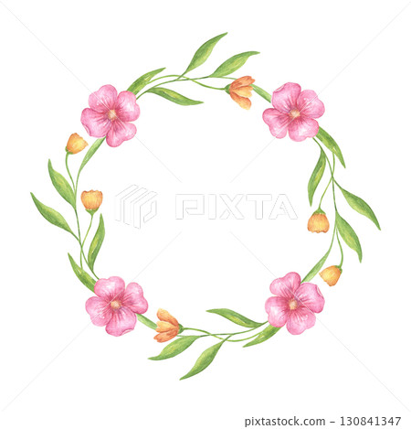 Flower watercolor wreath with pink rosehip flowers and greenery. Round frame with hand-painted greenery, wildflowers, and herbs. Botanical illustration for design, greeting cards, wedding invitations 130841347