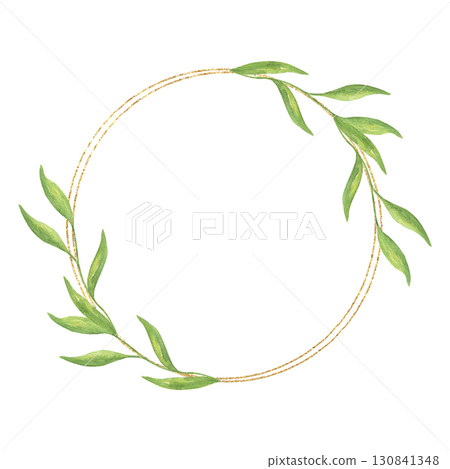 Round watercolor wreath with greenery and a gold rim. Design for an invitation card with leaves. Green wreath for wedding invitations, stationery, greetings, emblems, and backgrounds Round watercolor wreath with greenery and a gold rim. Design for an invitation card with leaves. Green wreath for wedding invitations, stationery, greetings, emblems, and backgrounds 130841348
