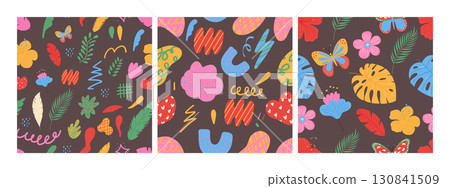 Hand drawn seamless pattern set. Collection with organic shapes, flowers and doodle elements. Trendy contemporary backgrounds 130841509