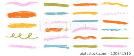 Chalk and crayon underline collection. Scribble, swirl, and straight highlight strokes. Vector hand drawn set. 130841510