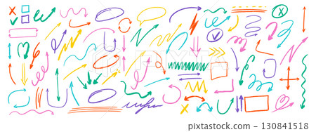 Crayon arrow set with doodle marks, swirls, checkmarks, crosses, and sketchy lines. Fun hand drawn chalk style. Crayon arrow set with doodle marks, swirls, checkmarks, crosses, and sketchy lines. Fun hand drawn chalk style. 130841518