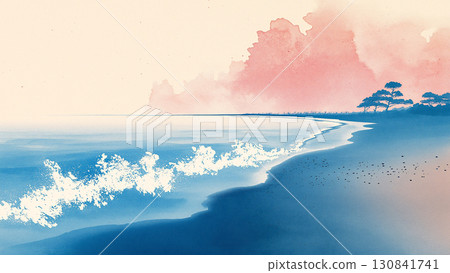 A pastel seascape of rough waves and a hopeful horizon painted in Japanese-style watercolor 130841741