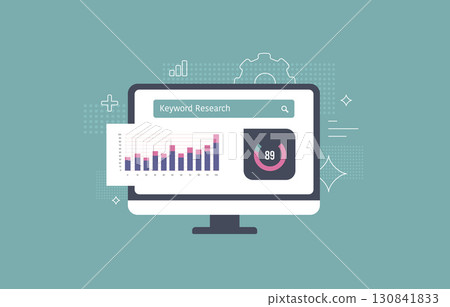 Keyword research SEO digital marketing. Keyword targeting drive success with precise analysis, search trends and digital content optimization for better online visibility. Flat vector illustration 130841833