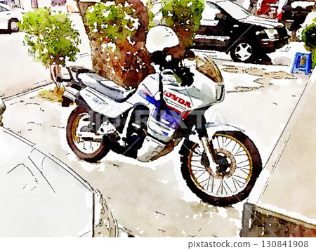 一幅水彩畫描繪的是停在柬埔寨金邊街角的一輛老式本田 Transalp 600V 摩托車。 130841908