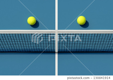 Two tennis balls on opposite sides of blue court divided by net, top view 130841914