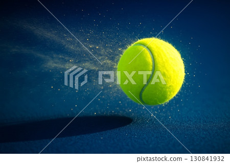 Close-up of yellow tennis ball with dust particles in motion on blue court surface. 130841932