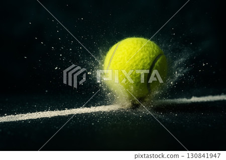 Tennis ball bouncing on court with dust flying, close-up shot of impact. Tennis ball bouncing on court with dust flying, close-up shot of impact. 130841947