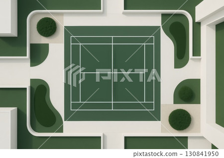 Aerial view of modern tennis court surrounded by greenery and geometric white structures. 130841950