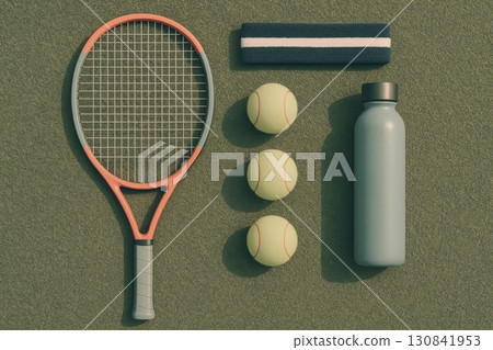 Tennis racket, three tennis balls, sweatband, and water bottle on green court background. Sports equipment for active lifestyle. 130841953