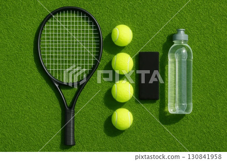 Flat lay of tennis racket, three tennis balls, sweatband and water bottle on green grass court. 130841958