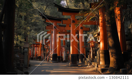 一排粗獷的朱紅色鳥居象徵京都的精神和希望 一排粗獷的朱紅色鳥居象徵京都的精神和希望 130842111