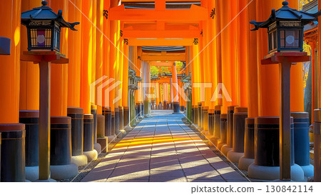 A landscape of Kyoto's spiritual approach and hope, symbolized by a row of rough vermilion torii gates A landscape of Kyoto's spiritual approach and hope, symbolized by a row of rough vermilion torii gates 130842114