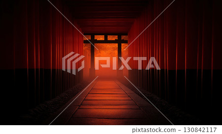 A landscape of Kyoto's spiritual approach and hope, symbolized by a row of rough vermilion torii gates 130842117