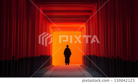 A landscape of Kyoto's spiritual approach and hope, symbolized by a row of rough vermilion torii gates 130842123