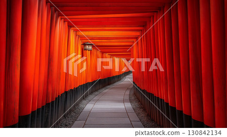 一排粗獷的朱紅色鳥居象徵京都的精神和希望 130842134