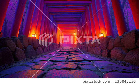 一排粗獷的朱紅色鳥居象徵京都的精神和希望 130842136