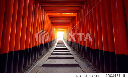 一排粗獷的朱紅色鳥居象徵京都的精神和希望 130842146