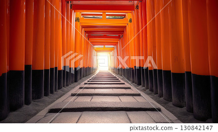 A landscape of Kyoto's spiritual approach and hope, symbolized by a row of rough vermilion torii gates 130842147