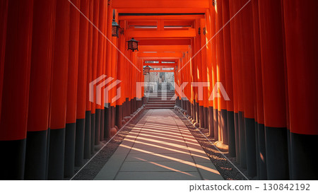 A landscape of Kyoto's spiritual approach and hope, symbolized by a row of rough vermilion torii gates 130842192