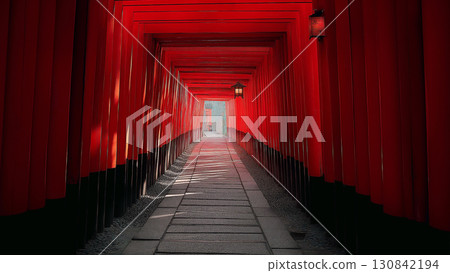 A landscape of Kyoto's spiritual approach and hope, symbolized by a row of rough vermilion torii gates 130842194