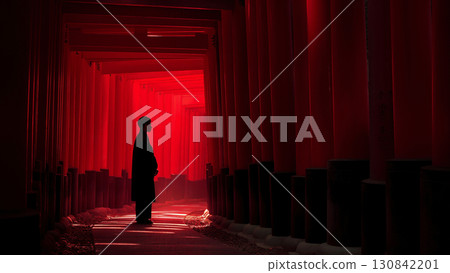 一排粗獷的朱紅色鳥居象徵京都的精神和希望 130842201