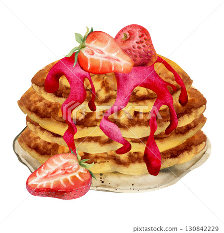 Watercolor stack of pancakes, flapjacks topped with strawberries and syrup or jam drizzle on clay plate. Hand painted food clipart. Bakery branding, menu inserts, recipe books, breakfast art prints. 130842229