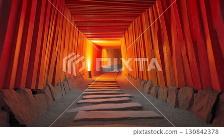 A landscape of Kyoto's spiritual approach and hope, symbolized by a row of rough vermilion torii gates 130842378