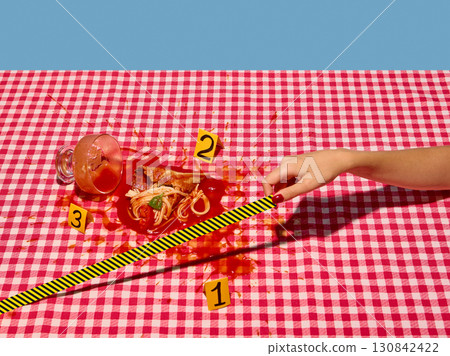 Spilled spaghetti cone with tomato sauce and evidence markers on red checkered tablecloth Spilled spaghetti cone with tomato sauce and evidence markers on red checkered tablecloth 130842422