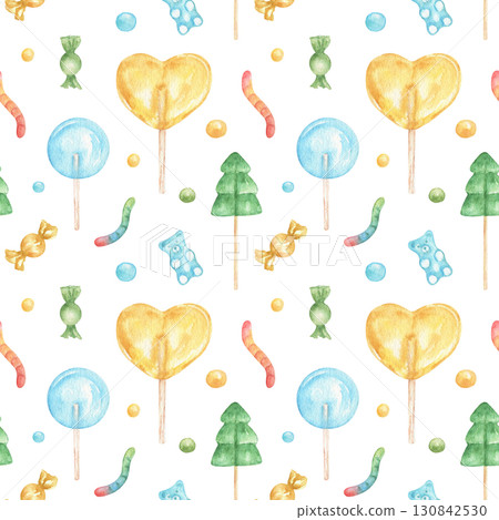 Festive seamless pattern with watercolor lollipops, candies, marmalade. Lollipops in the shape of hearts, Christmas trees, sweets. A Christmas background with sweets for packaging, fabrics, greetings. 130842530