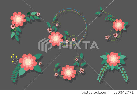 Floral decorative elements with pink flowers on dark background 130842771