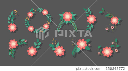 Floral decorative elements with pink flowers on dark background 130842772