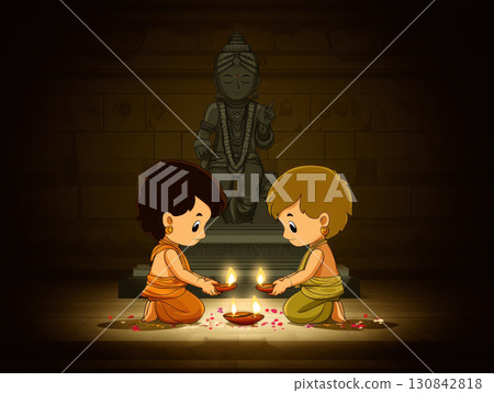 Two children in traditional attire holding oil lamps and praying in front of statue, creating warm and peaceful atmosphere 130842818