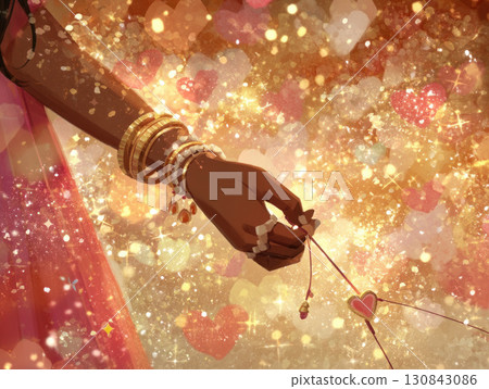 Dark skinned hand adorned with bracelets holds heart shaped charm against sparkling golden background filled with glowing hearts and light 130843086