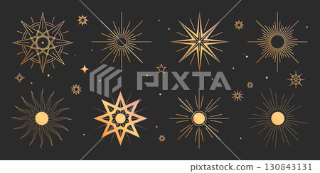 Golden boho sun and star icons set on black 130843131