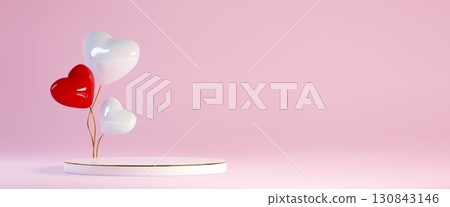 Glossy 3d heart balloons with white podium 130843146