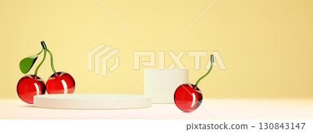 Glossy glass cherry fruits with cream podium 130843147
