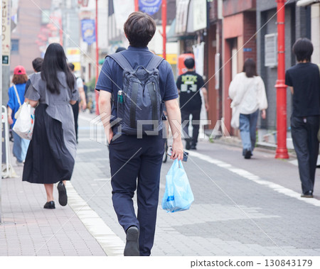 People walking in a shopping street in a city in summer People walking in a shopping street in a city in summer 130843179