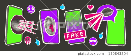 Fake news halftone elements set. Phone with human parts of face concepts. Collage with pixel art and magazine cutouts. Retro icons collection. Vector stickers isolated on dark background 130843204