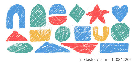 Crayon kids geometric shape set. Naive colorful text boxes frames. Arch, semicircles and triangle figures. Vector hand drawn stickers shapes. Handmade callouts figures illustration 130843205