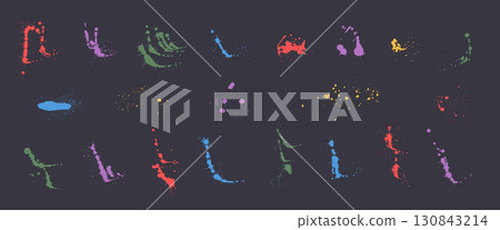 Colorful paint liquid splotches. Vector paint spray splashes and splatter. Grunge graffiti art drops sprayed. Urban street dirty stencil on the dark wall. Graphic messy spots and blobs. 130843214