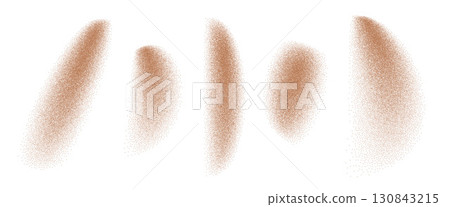 Curve grain sand gradient textured shapes set. Brown orange stippled splatter figures. Grunge noise dotwork powder spots. Undulate sandy splashes with speckles. Vector illustration Curve grain sand gradient textured shapes set. Brown orange stippled splatter figures. Grunge noise dotwork powder spots. Undulate sandy splashes with speckles. Vector illustration 130843215