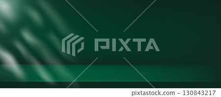 Dark green gradient background with windows sunlit. Light neutral wall room. Minimal scene with table in deep natural colors. Template with empty desk for makeup presentation. Vector illustration Dark green gradient background with windows sunlit. Light neutral wall room. Minimal scene with table in deep natural colors. Template with empty desk for makeup presentation. Vector illustration 130843217
