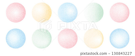 Linocut colorful gradient noise round element set. Grunge dotwork gradation circles. Pastel pink, blue, yellow textured shapes. Kids geometric sand diffuse effect callouts. Vector paint spray icons 130843227