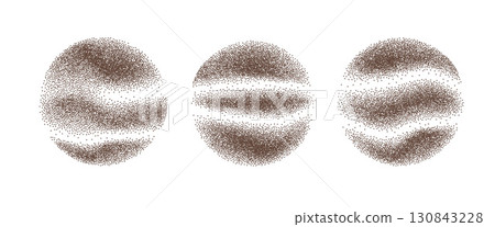 Grounded coffee powder gradient wave splashes on round shapes. Cocoa noise dust dynamic elements decoration. Abstract dark brown dotwork particles texture. Chocolate spray dots. Stipple vector emblem 130843228