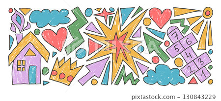 Kids elements crayon drawn set. Hand drawn house, hopscotch game, sun and clouds doodle shapes on white background. Kindergarten naive chalk figures. Vector childish scribble illustration by pencil 130843229